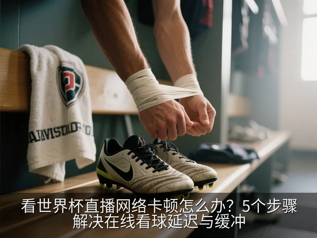 极简客厅观赛场景，电视显示绿茵场画面，旁边平板显示网络设置齿轮图标